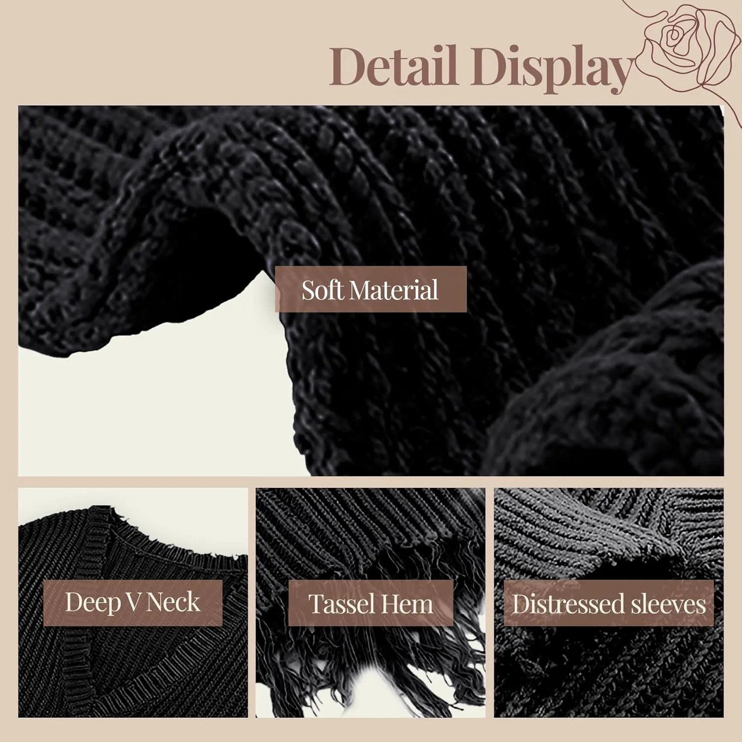 Women's V Neck Loose Knit Pullover Distressed Hem Off Shoulder Crop Sweater Solid Long Sleeve Top