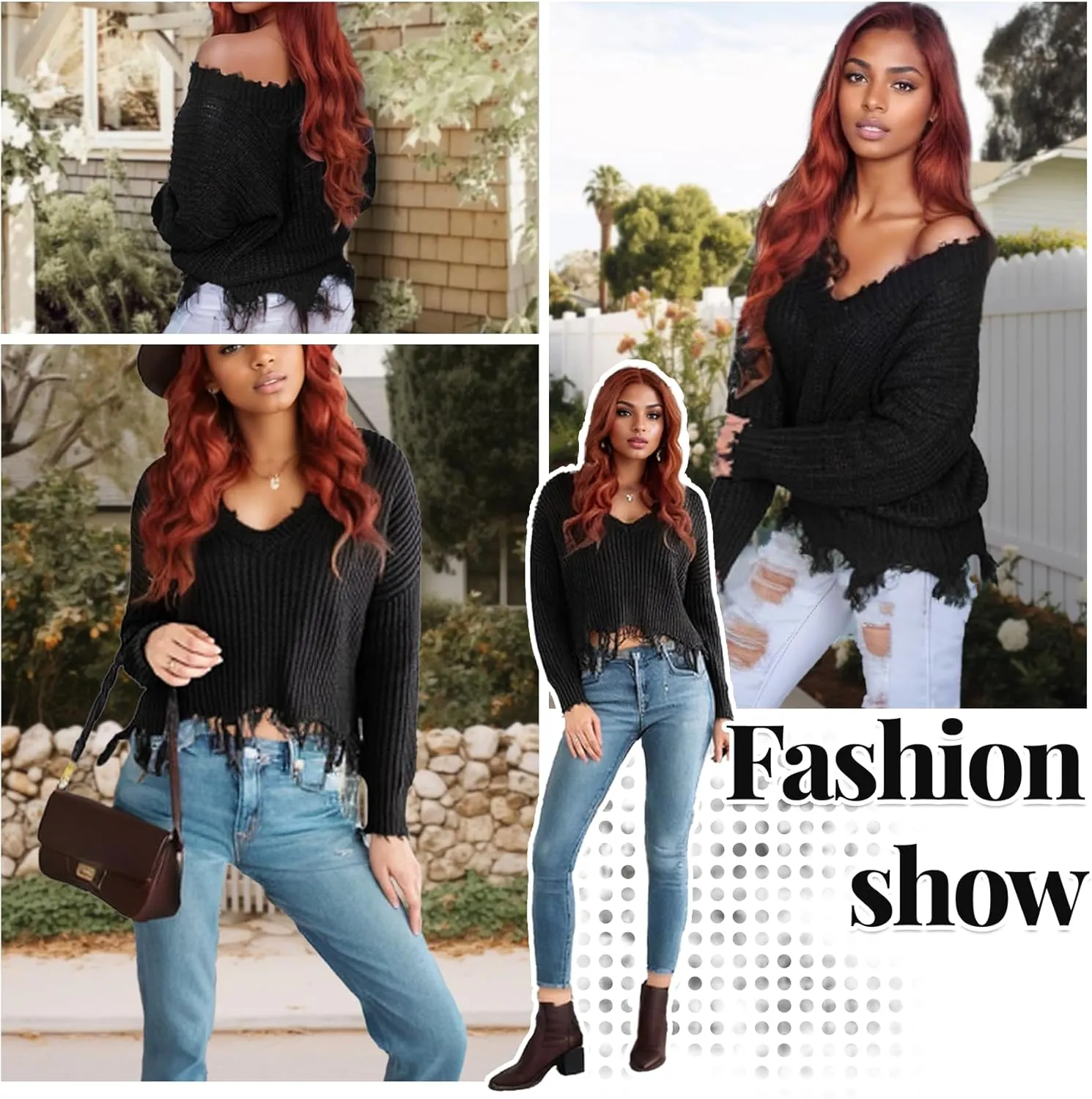 Women's V Neck Loose Knit Pullover Distressed Hem Off Shoulder Crop Sweater Solid Long Sleeve Top