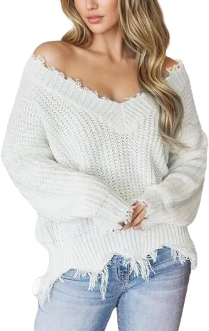 Women's V Neck Loose Knit Pullover Distressed Hem Off Shoulder Crop Sweater Solid Long Sleeve Top