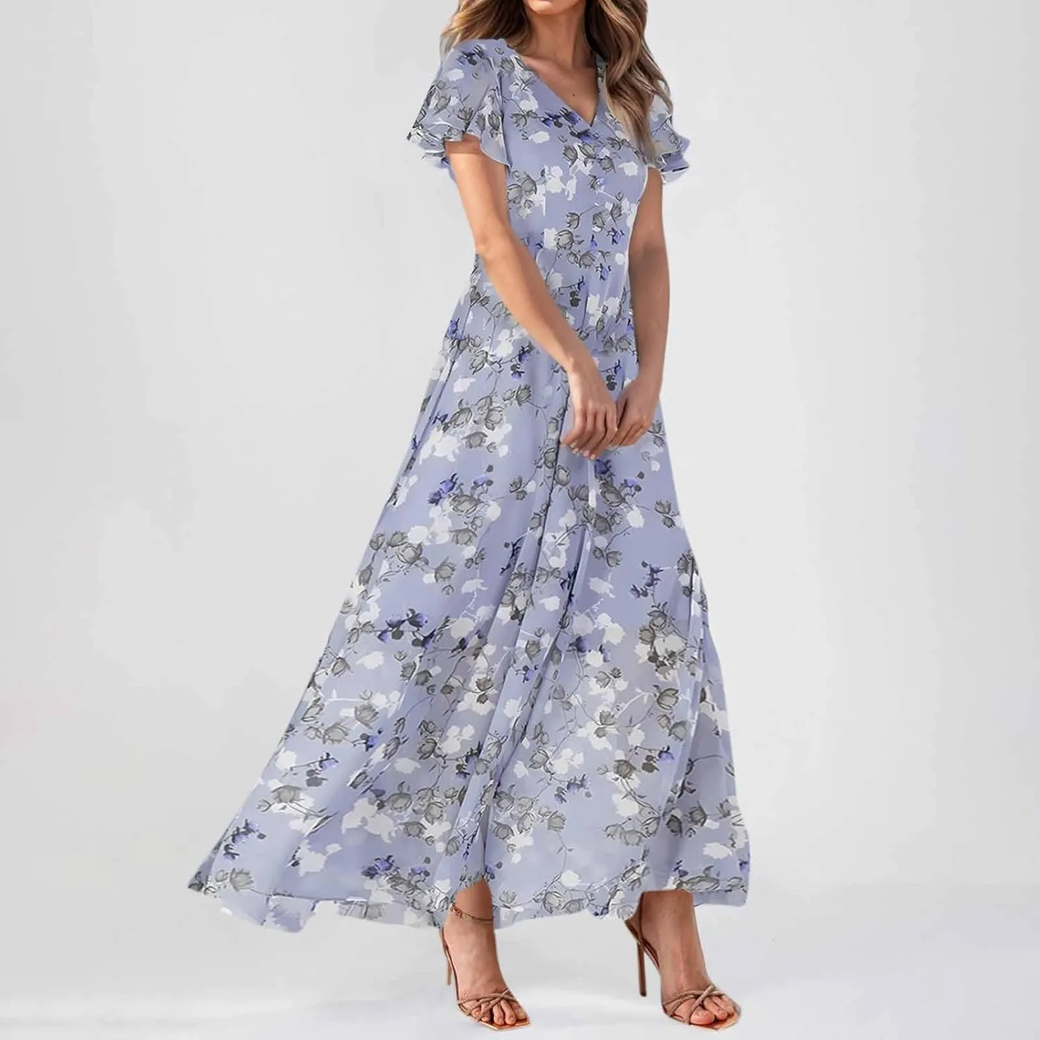 Women's Vacation Dresses 2025 Long Chiffon Floral Short Sleeves Ruffle V Neck Fashion A-Line High Wasit Dress, XS-2XL
