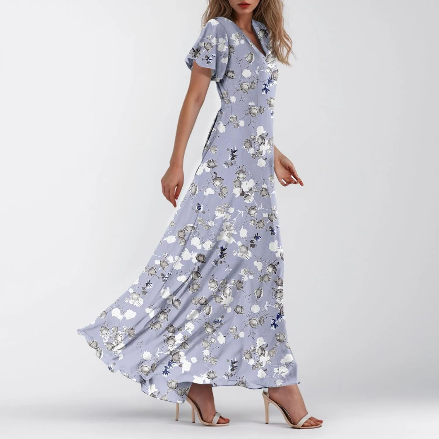 Women's Vacation Dresses 2025 Long Chiffon Floral Short Sleeves Ruffle V Neck Fashion A-Line High Wasit Dress, XS-2XL