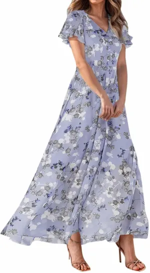 Women's Vacation Dresses 2025 Long Chiffon Floral Short Sleeves Ruffle V Neck Fashion A-Line High Wasit Dress, XS-2XL