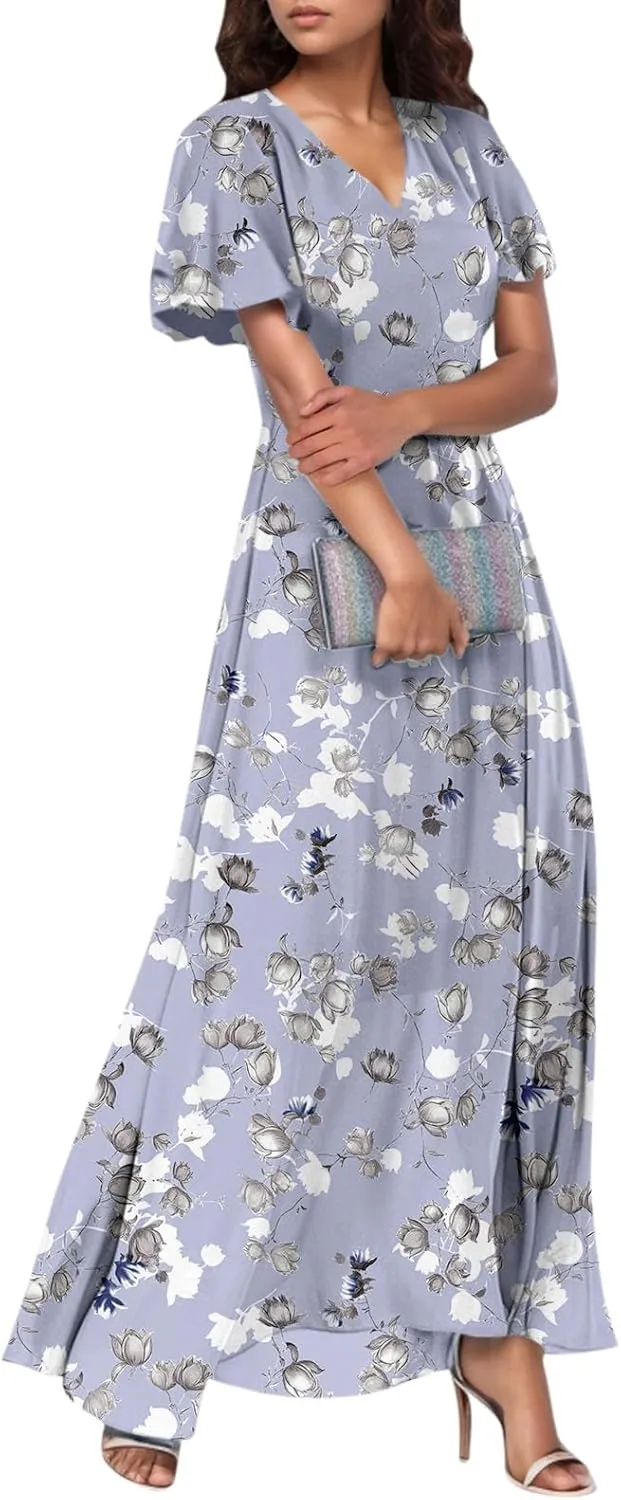 Women's Vacation Dresses 2025 Long Chiffon Floral Short Sleeves Ruffle V Neck Fashion A-Line High Wasit Dress, XS-2XL