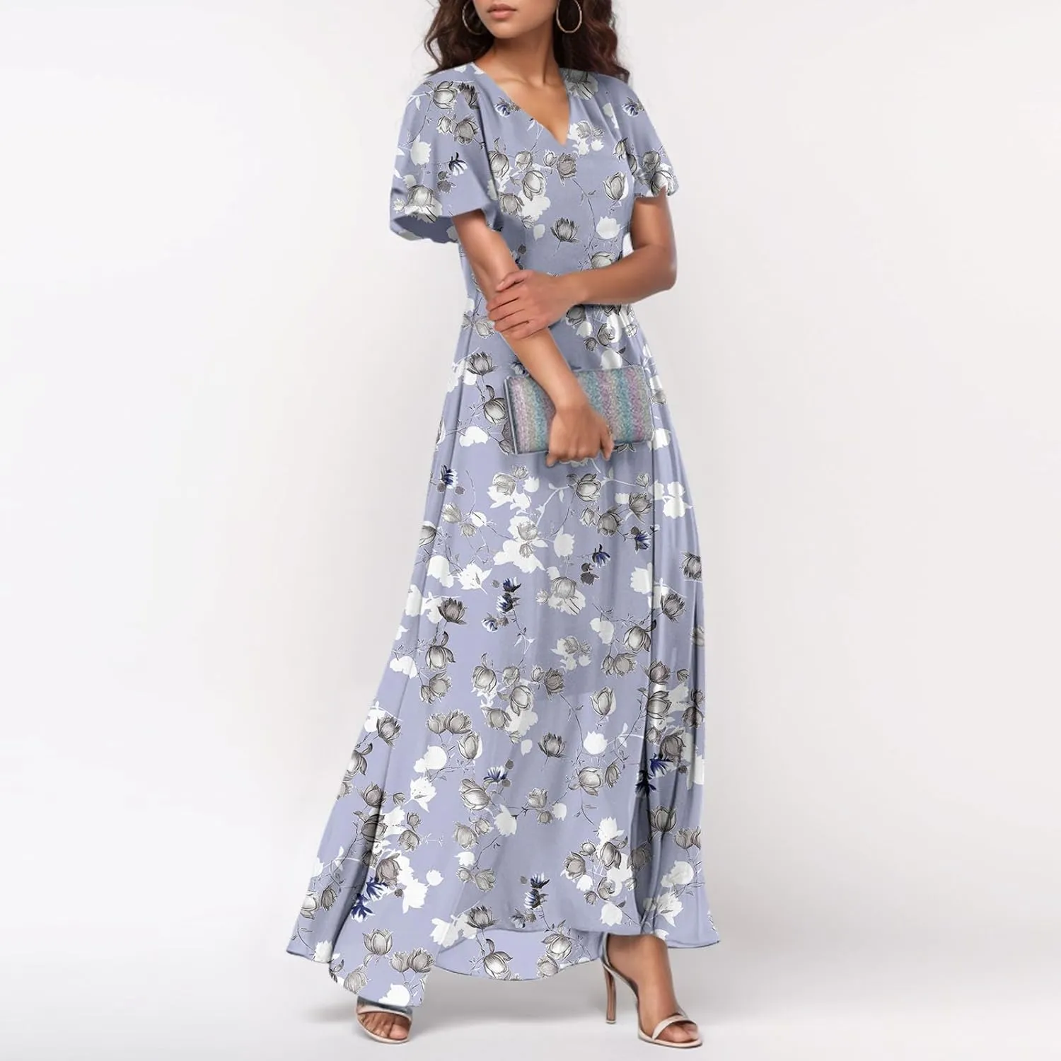 Women's Vacation Dresses 2025 Long Chiffon Floral Short Sleeves Ruffle V Neck Fashion A-Line High Wasit Dress, XS-2XL
