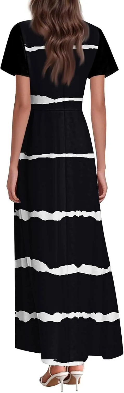 Women's Vacation Outfits Casual Loose Trendy Short Sleeve V-Neck Floral Printed Solid Beach Maxi Dresses, XS-2XL