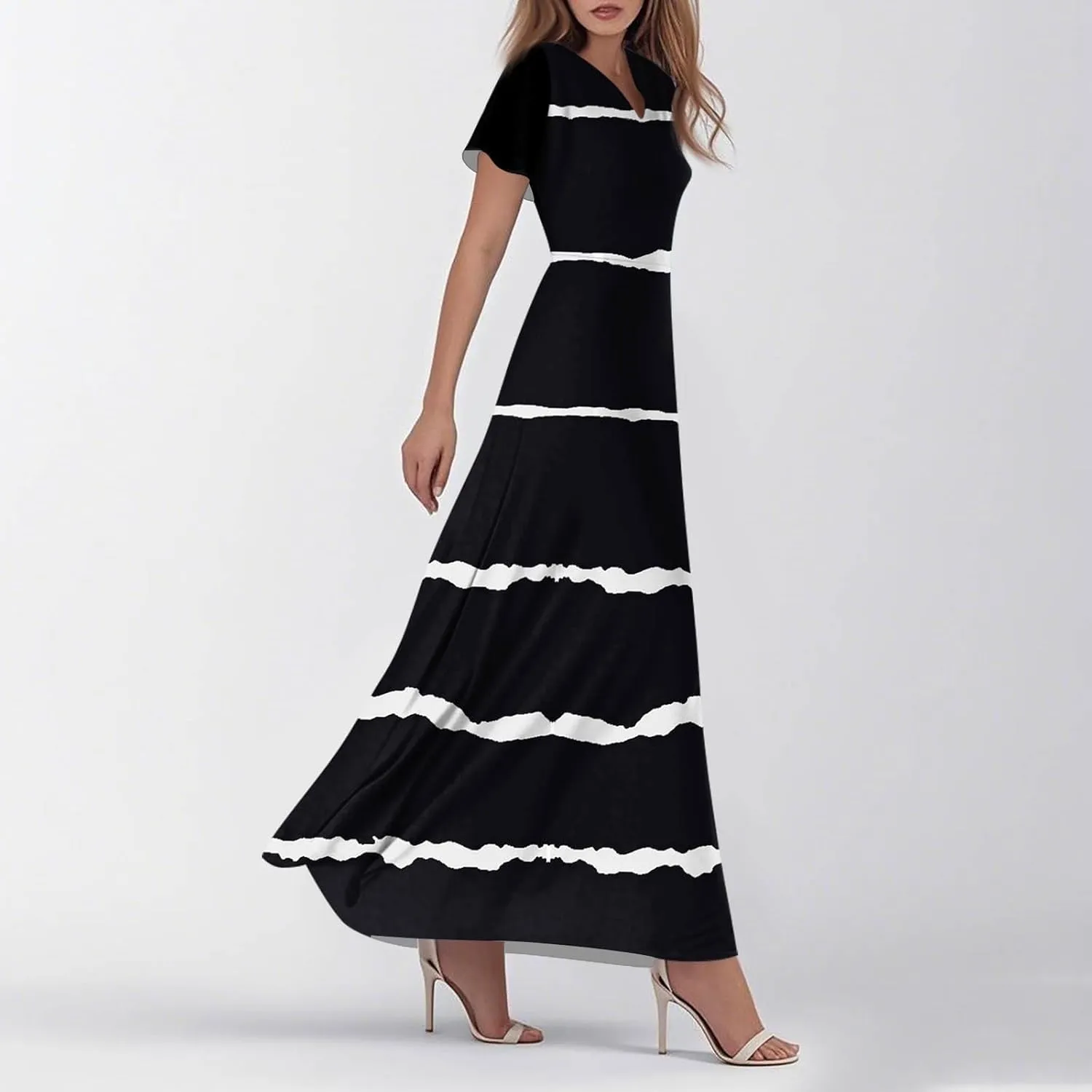 Women's Vacation Outfits Casual Loose Trendy Short Sleeve V-Neck Floral Printed Solid Beach Maxi Dresses, XS-2XL