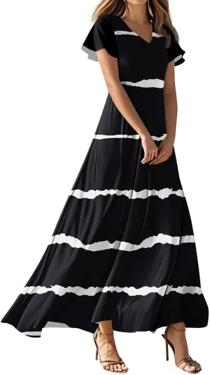 Women's Vacation Outfits Casual Loose Trendy Short Sleeve V-Neck Floral Printed Solid Beach Maxi Dresses, XS-2XL