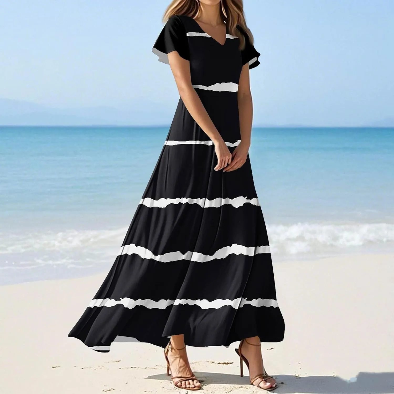 Women's Vacation Outfits Casual Loose Trendy Short Sleeve V-Neck Floral Printed Solid Beach Maxi Dresses, XS-2XL
