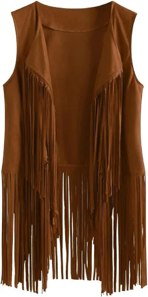 Women's Vintage Fringe Vest Classic Western Suede Leather Tassel Sleeveless Tops Ethnic Tank Cardigan Jacket Shirt