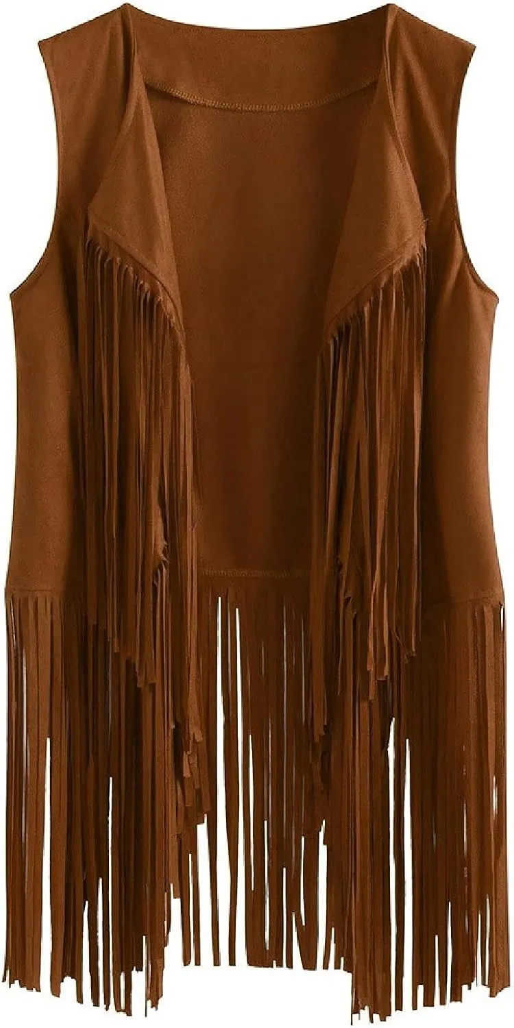 Women's Vintage Fringe Vest Classic Western Suede Leather Tassel Sleeveless Tops Ethnic Tank Cardigan Jacket Shirt
