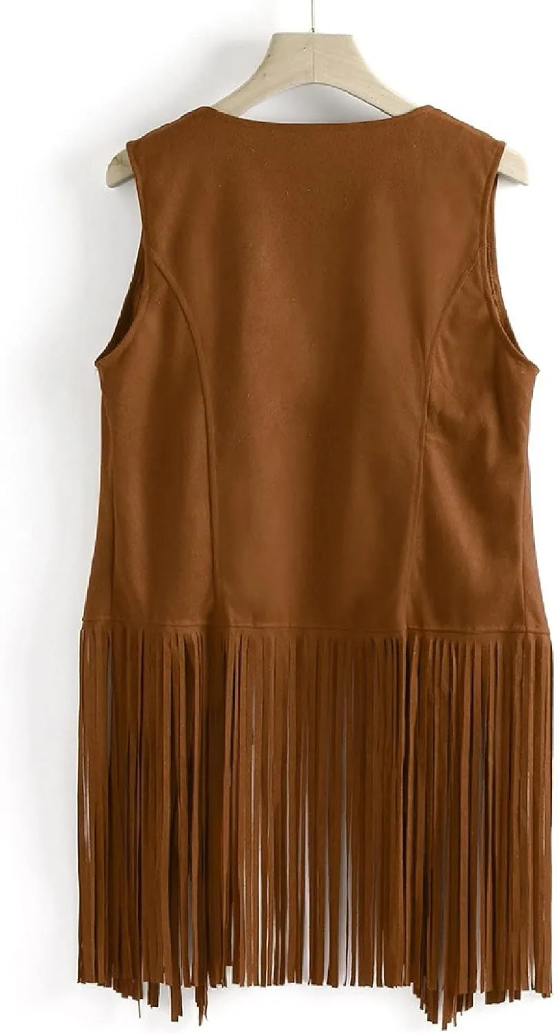 Women's Vintage Fringe Vest Classic Western Suede Leather Tassel Sleeveless Tops Ethnic Tank Cardigan Jacket Shirt