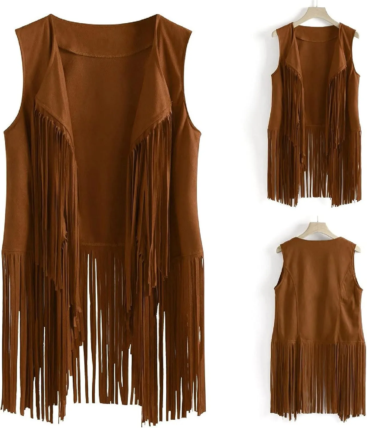 Women's Vintage Fringe Vest Classic Western Suede Leather Tassel Sleeveless Tops Ethnic Tank Cardigan Jacket Shirt