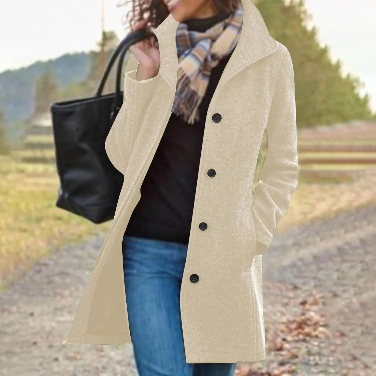Women's Wool Blend Trench Coat Casual Single Breasted Pea Coat Thicken Stand Collar Mid Long Overcoat with Pocket