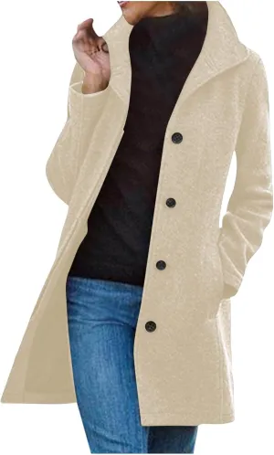 Women's Wool Blend Trench Coat Casual Single Breasted Pea Coat Thicken Stand Collar Mid Long Overcoat with Pocket