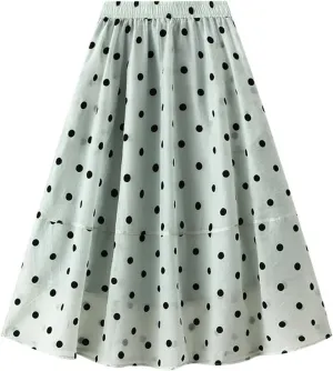 Xiaojmake Women Polka Dot Print Tutu Skirt Chiffon Flowy Elastic Waist A-Line Boho Beach Skirt Ruffle Mesh Tiered Midi Skirts