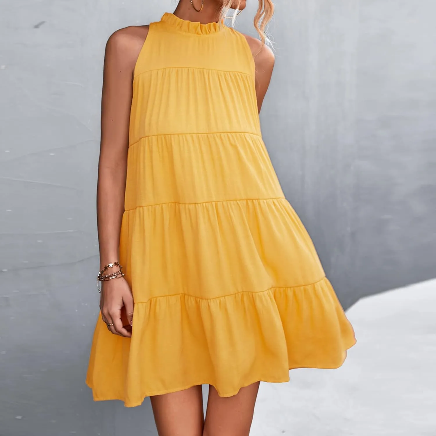 XUNRYAN Women's Babydoll Tank Dress Summer Boho Short Mini Dresses Sleeveless Tiered Ruffle Flowy Swing Dress Beach Outfit