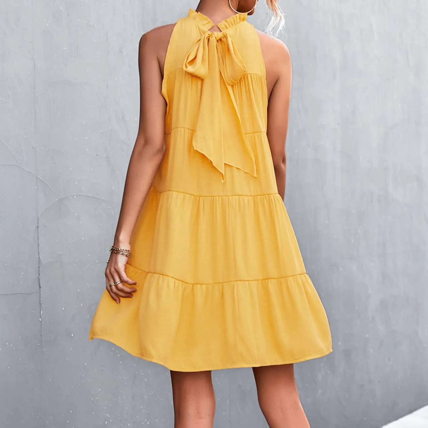 XUNRYAN Women's Babydoll Tank Dress Summer Boho Short Mini Dresses Sleeveless Tiered Ruffle Flowy Swing Dress Beach Outfit