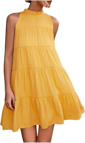 XUNRYAN Women's Babydoll Tank Dress Summer Boho Short Mini Dresses Sleeveless Tiered Ruffle Flowy Swing Dress Beach Outfit