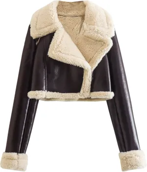 XUNRYAN Womens Faux-Leather Jacket Sherpa Coat Faux-Shearling Long Sleeve Parka Winter Warm Moto Bomber Aviator Coat