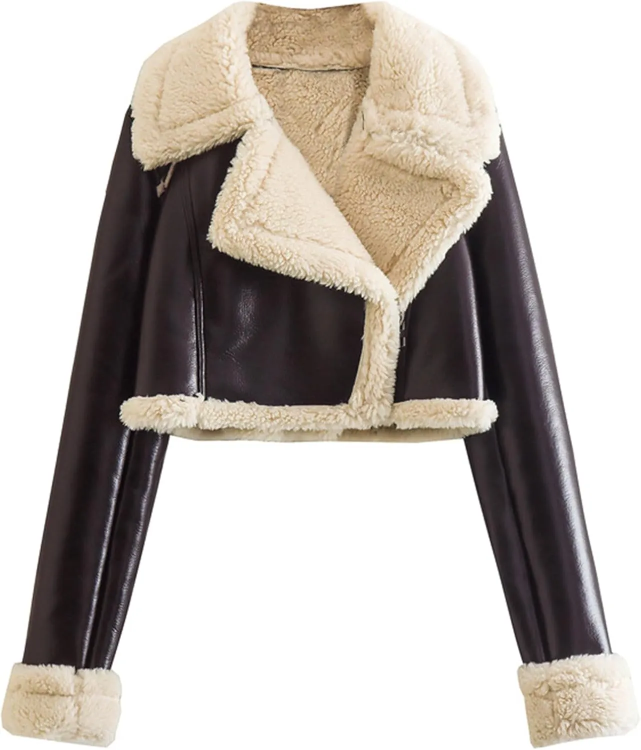 XUNRYAN Womens Faux-Leather Jacket Sherpa Coat Faux-Shearling Long Sleeve Parka Winter Warm Moto Bomber Aviator Coat