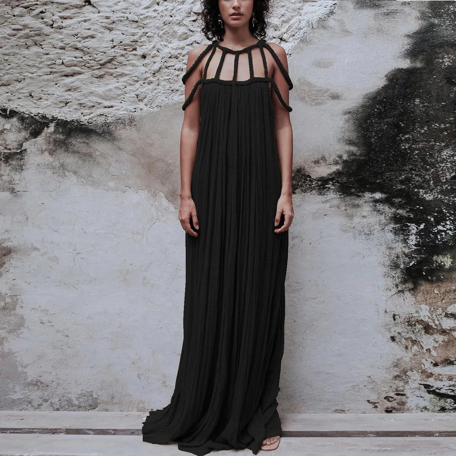 XUNRYAN Women's Sexy Spaghetti Strap Dress Backless Maxi Dresses Summer Cocktail Formal Crochet Halter Dress Vacation Outfit