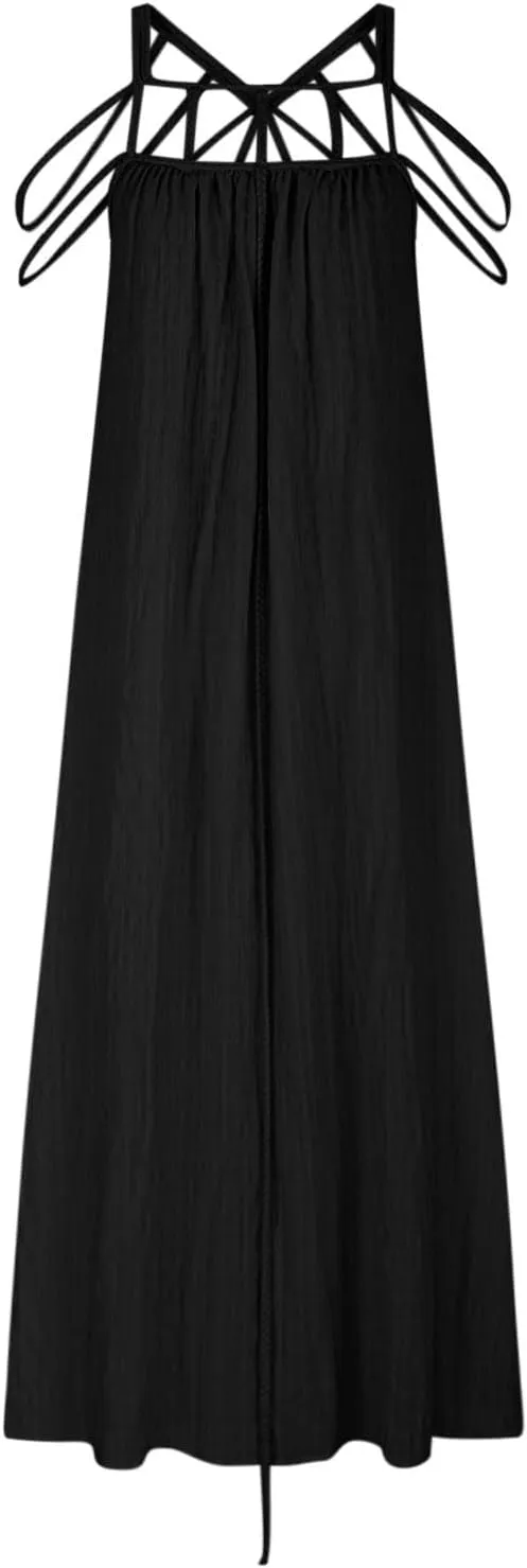 XUNRYAN Women's Sexy Spaghetti Strap Dress Backless Maxi Dresses Summer Cocktail Formal Crochet Halter Dress Vacation Outfit