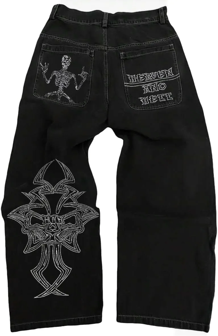 Y2K Beggy Jeans for Women Men Denim Pants Skull Embroidery Gothic Jeans Straight Wide Leg Trouser