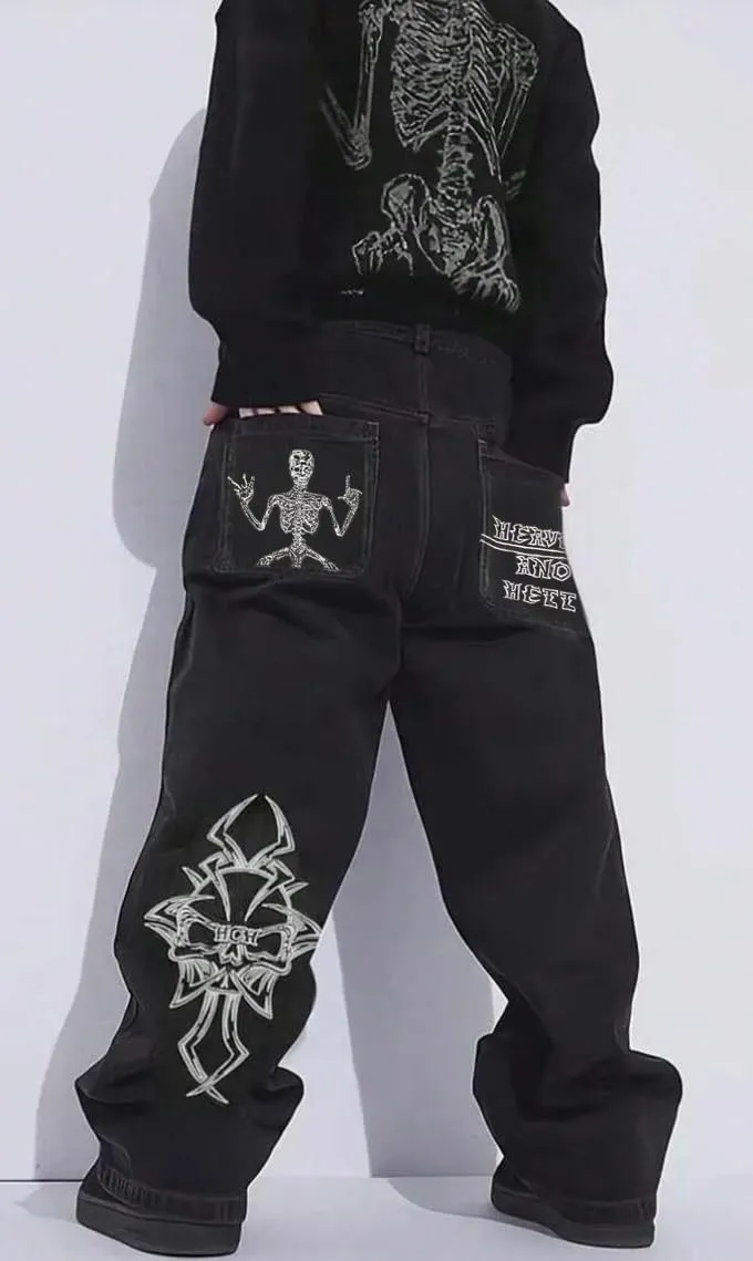 Y2K Beggy Jeans for Women Men Denim Pants Skull Embroidery Gothic Jeans Straight Wide Leg Trouser