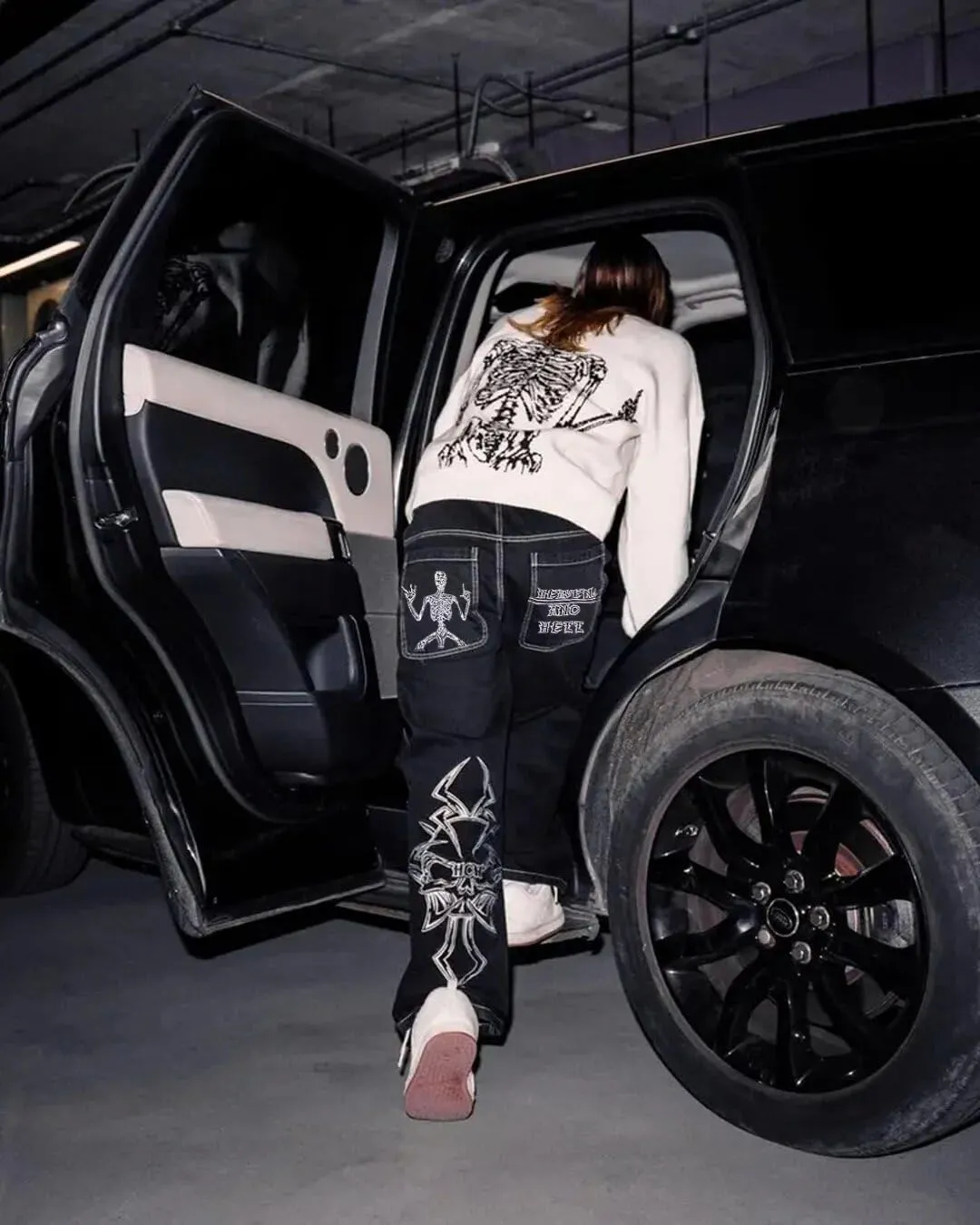 Y2K Beggy Jeans for Women Men Denim Pants Skull Embroidery Gothic Jeans Straight Wide Leg Trouser