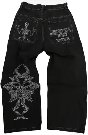 Y2K Beggy Jeans for Women Men Denim Pants Skull Embroidery Gothic Jeans Straight Wide Leg Trouser