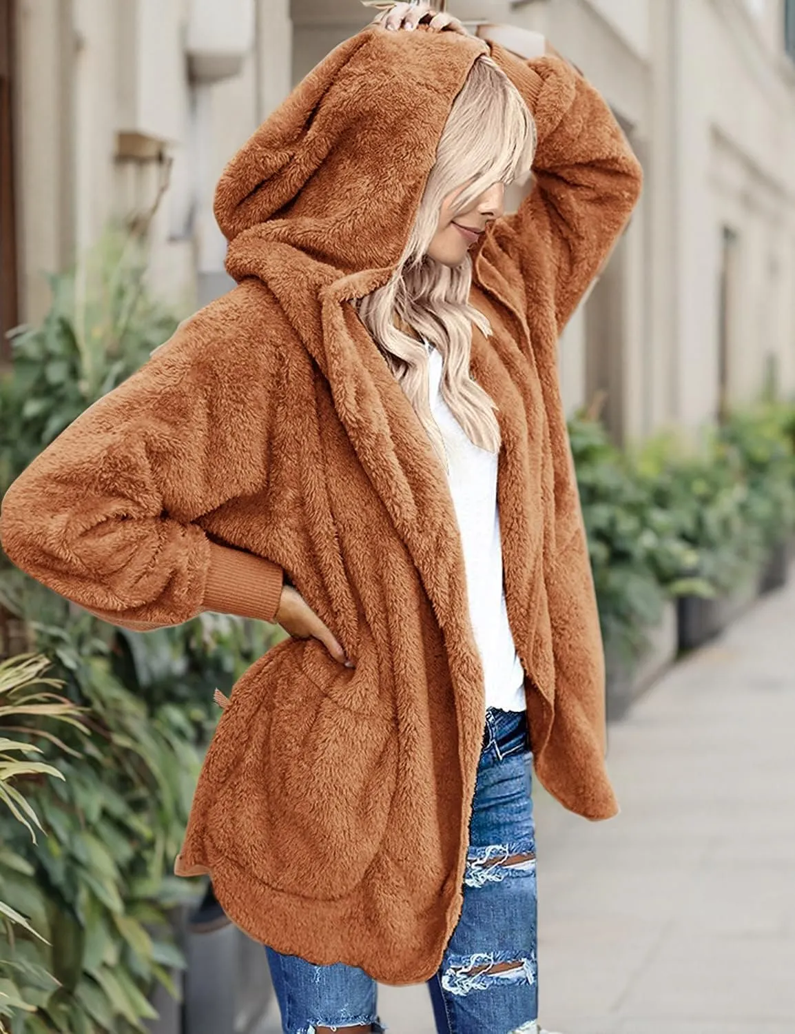 Yanekop Womens Fuzzy Fleece Jacket Open Front Hooded Cardigan Sherpa Outerwear Warm Coats with Pockets