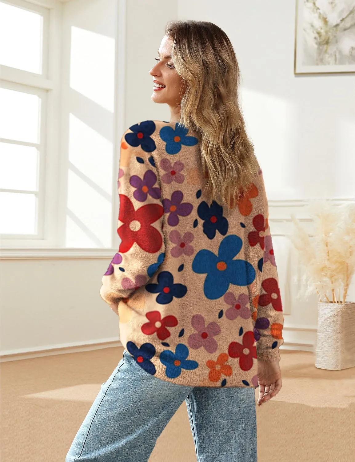 YESNO Women's Fall V-Neck Cardigan Sweaters Casual Graphic Oversized Open Front Button Down Long Sleeves Knit Tops SCV