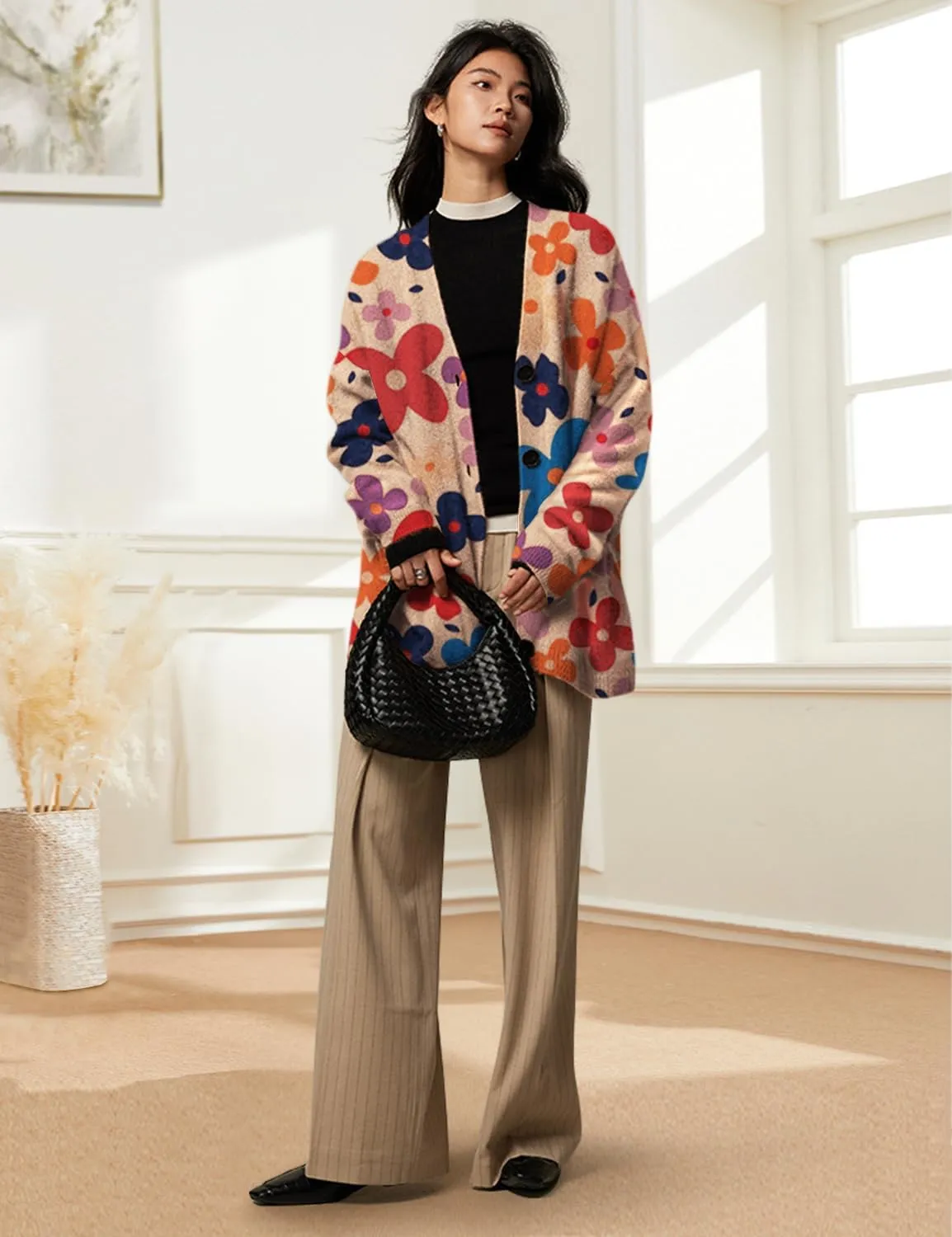 YESNO Women's Fall V-Neck Cardigan Sweaters Casual Graphic Oversized Open Front Button Down Long Sleeves Knit Tops SCV