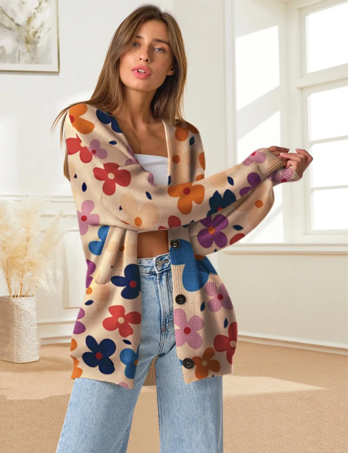 YESNO Women's Fall V-Neck Cardigan Sweaters Casual Graphic Oversized Open Front Button Down Long Sleeves Knit Tops SCV