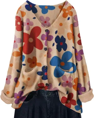 YESNO Women's Fall V-Neck Cardigan Sweaters Casual Graphic Oversized Open Front Button Down Long Sleeves Knit Tops SCV