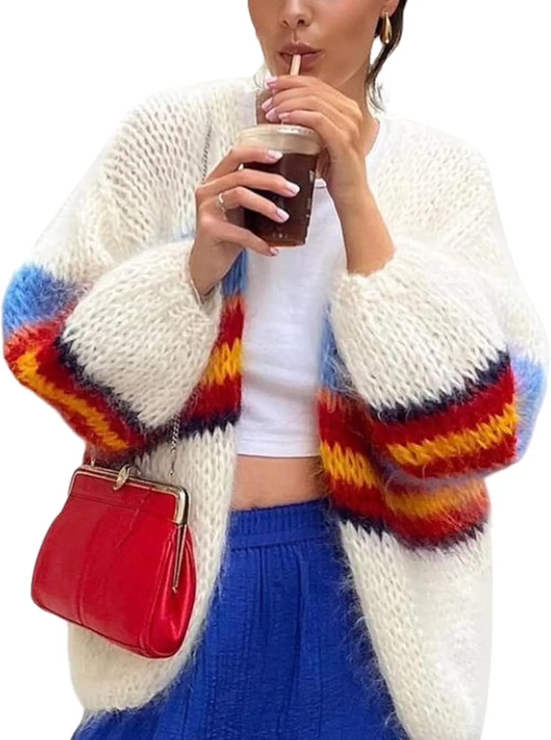 Yimoon Womens Oversized Chunky Cardigan Colored Striped Open Front Cardigan Top Lantern Long Sleeve Knit Sweater Coat