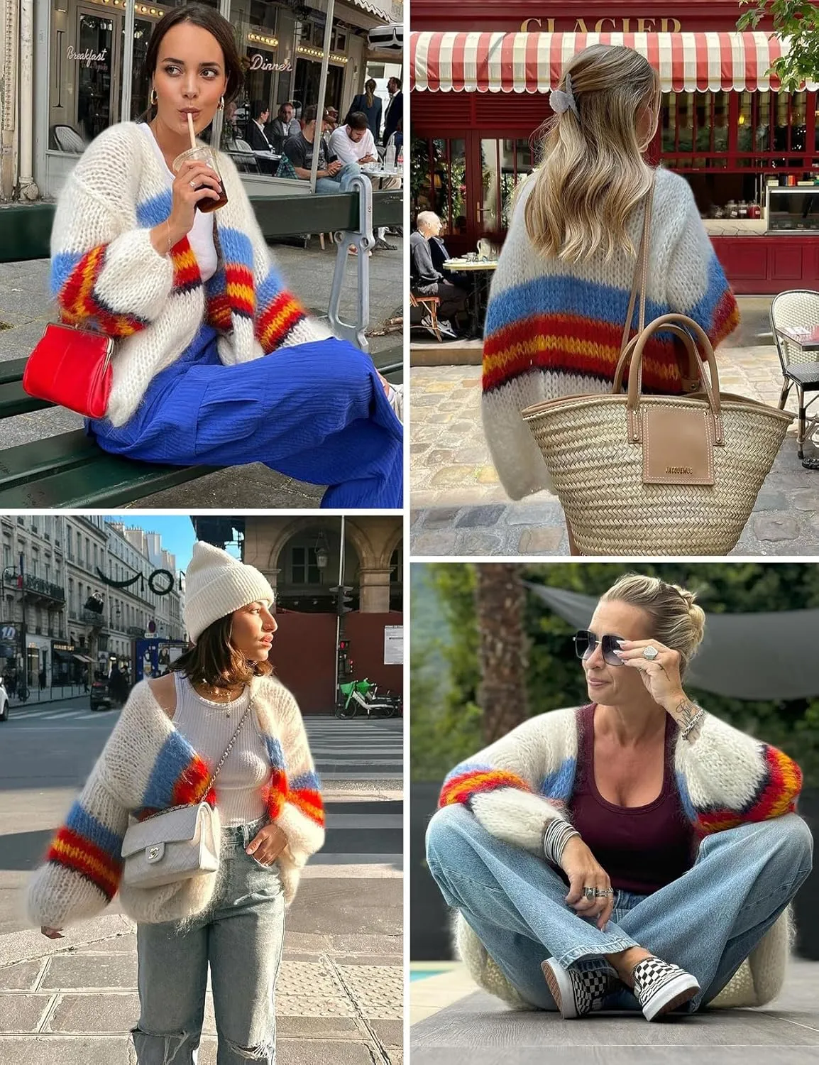 Yimoon Womens Oversized Chunky Cardigan Colored Striped Open Front Cardigan Top Lantern Long Sleeve Knit Sweater Coat
