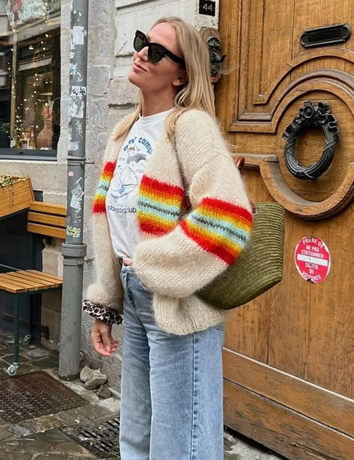 Yimoon Womens Oversized Chunky Cardigan Colored Striped Open Front Cardigan Top Lantern Long Sleeve Knit Sweater Coat