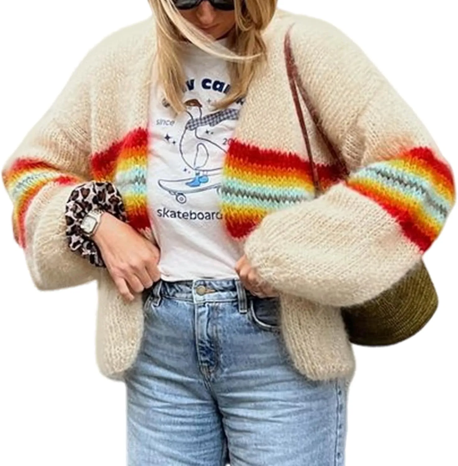 Yimoon Womens Oversized Chunky Cardigan Colored Striped Open Front Cardigan Top Lantern Long Sleeve Knit Sweater Coat
