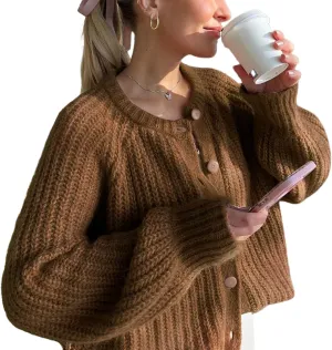 YKR Womens Fall Cardigan Sweater Long Sleeve Chunky Knit Open Front Button Loose Casual Cardigan Coat Brown L