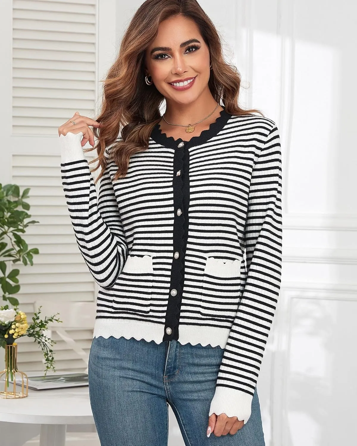 ZAFUL Women's Cardigan Sweaters 2024 Casual Long Sleeve Open Front Button Down Tweed Knit Cardigans Fall Jackets Outerwear