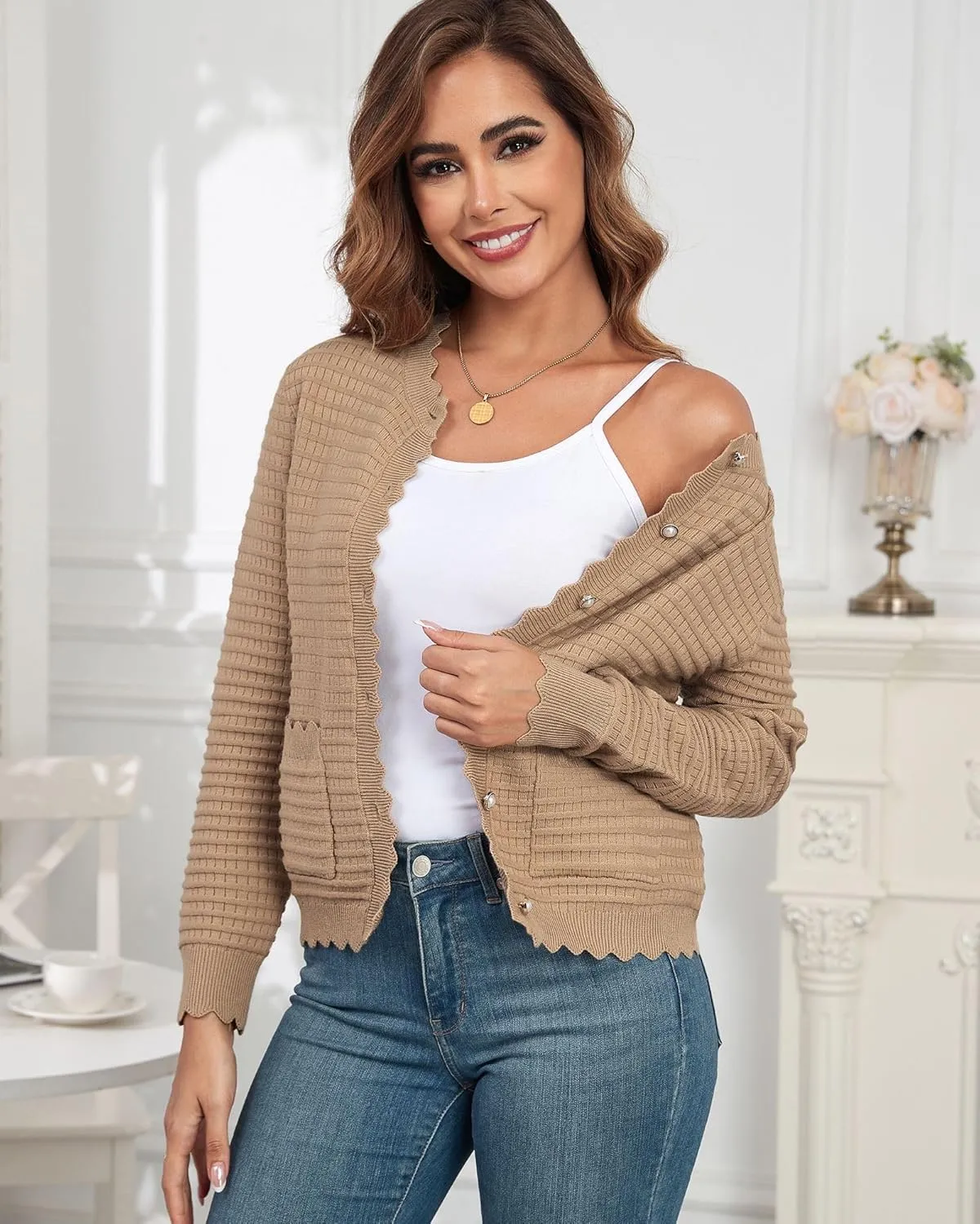 ZAFUL Women's Cardigan Sweaters 2024 Casual Long Sleeve Open Front Button Down Tweed Knit Cardigans Fall Jackets Outerwear