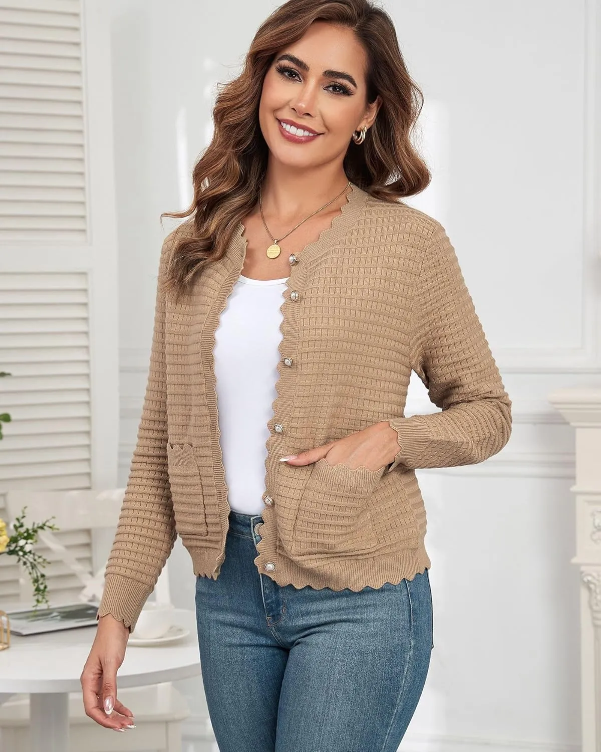 ZAFUL Women's Cardigan Sweaters 2024 Casual Long Sleeve Open Front Button Down Tweed Knit Cardigans Fall Jackets Outerwear