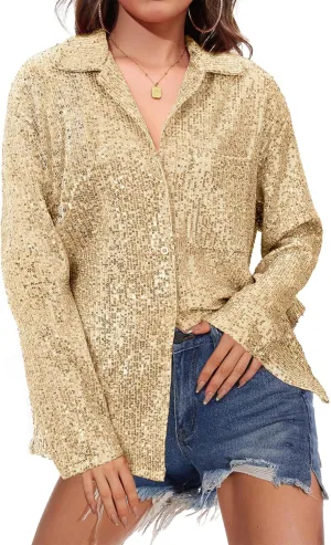 Zando Sequin Tops for Women Sequin Top Sparkly Tops for Women Sparkle Tops for Women Casual Party Club Button Down Shirt