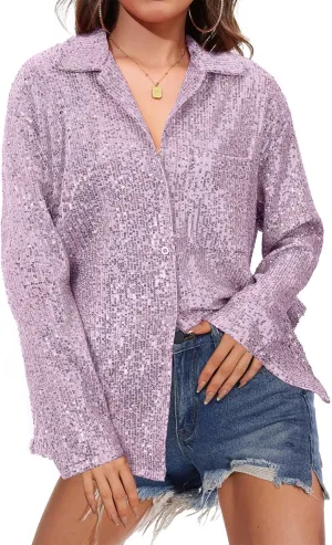 Zando Sequin Tops for Women Sequin Top Sparkly Tops for Women Sparkle Tops for Women Casual Party Club Button Down Shirt