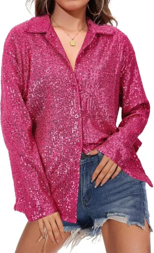 Zando Sequin Tops for Women Sequin Top Sparkly Tops for Women Sparkle Tops for Women Casual Party Club Button Down Shirt