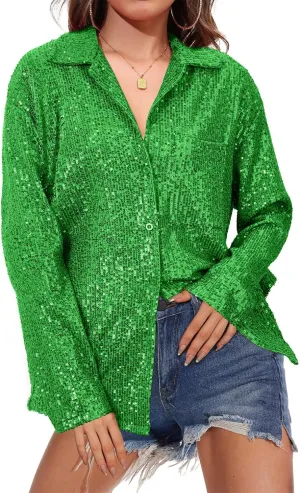 Zando Sequin Tops for Women Sequin Top Sparkly Tops for Women Sparkle Tops for Women Casual Party Club Button Down Shirt