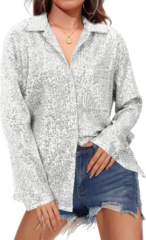 Zando Sequin Tops for Women Sequin Top Sparkly Tops for Women Sparkle Tops for Women Casual Party Club Button Down Shirt