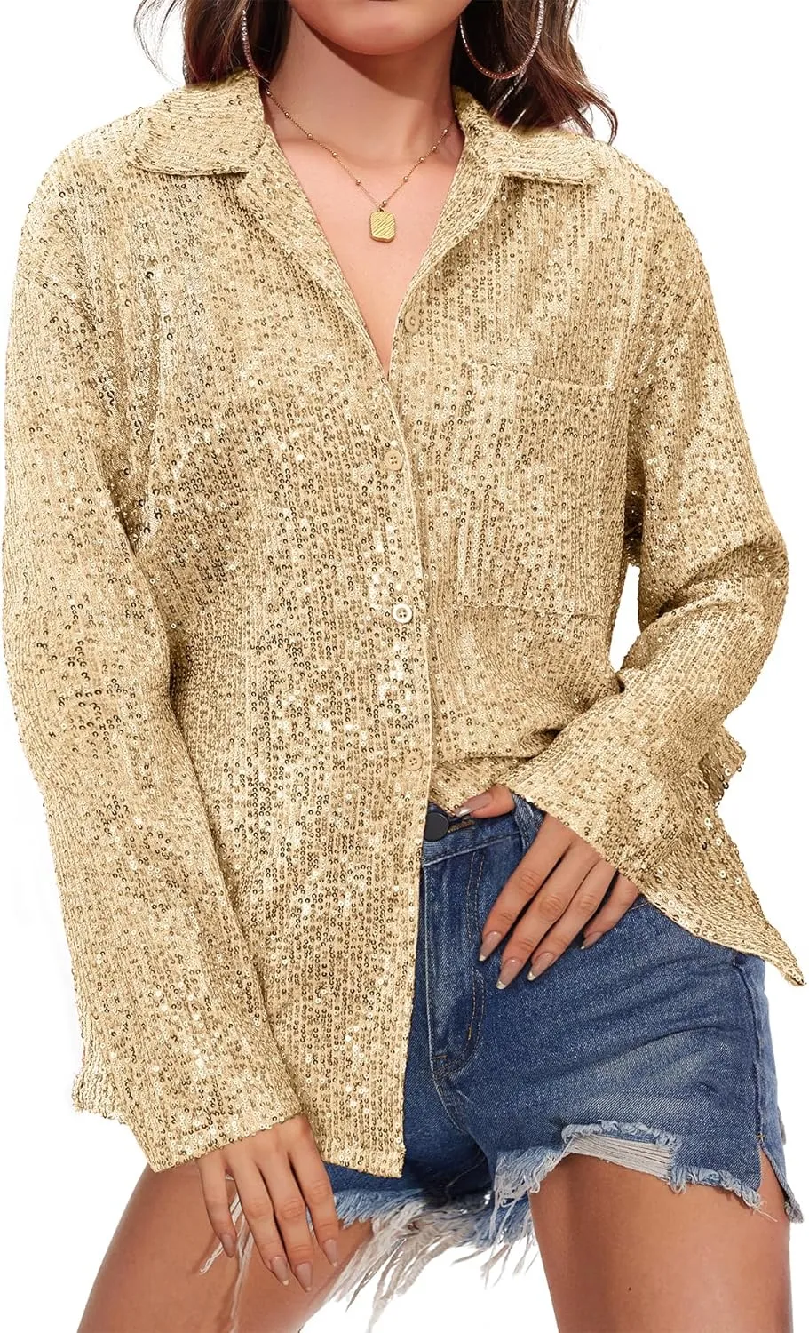 Zando Sequin Tops for Women Sequin Top Sparkly Tops for Women Sparkle Tops for Women Casual Party Club Button Down Shirt