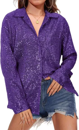 Zando Sequin Tops for Women Sequin Top Sparkly Tops for Women Sparkle Tops for Women Casual Party Club Button Down Shirt